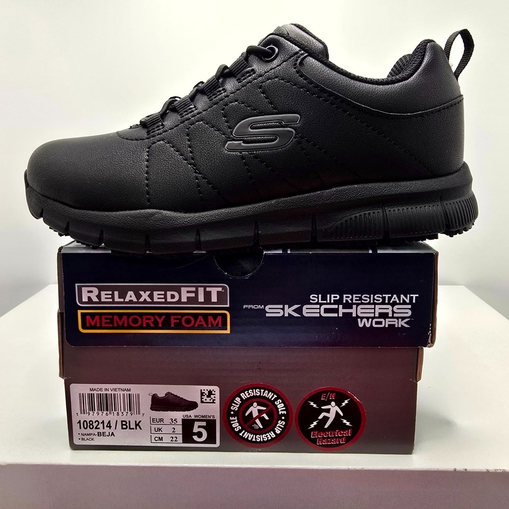 Skechers Nampa Beja 108214-BLK Womens 5 Work Shoes Black Slip Resistant Sneaker
